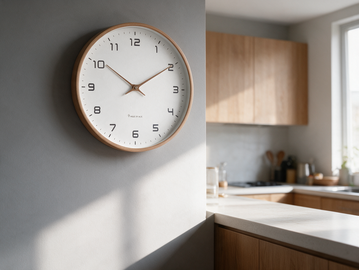 Wall clock with clear numbered dial in a kitchen