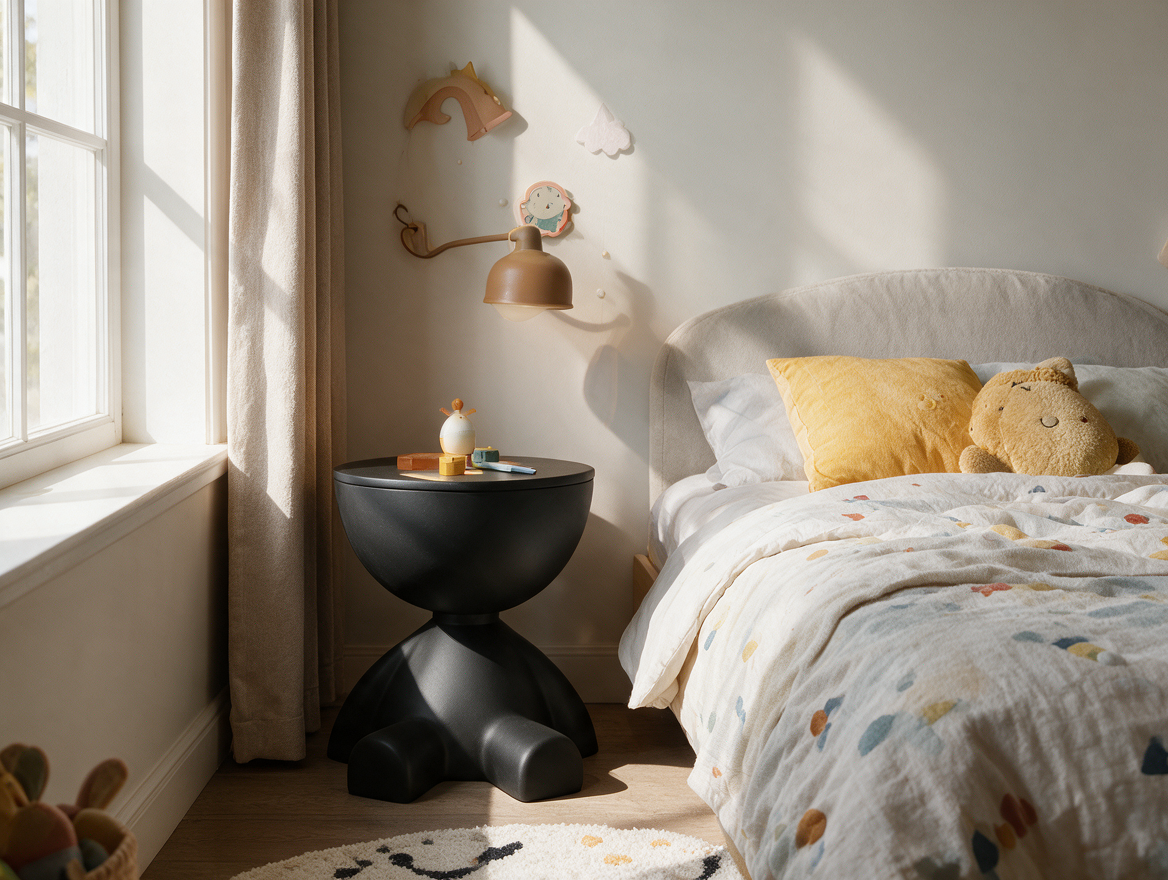 Bear-shaped side table in a children's bedroom