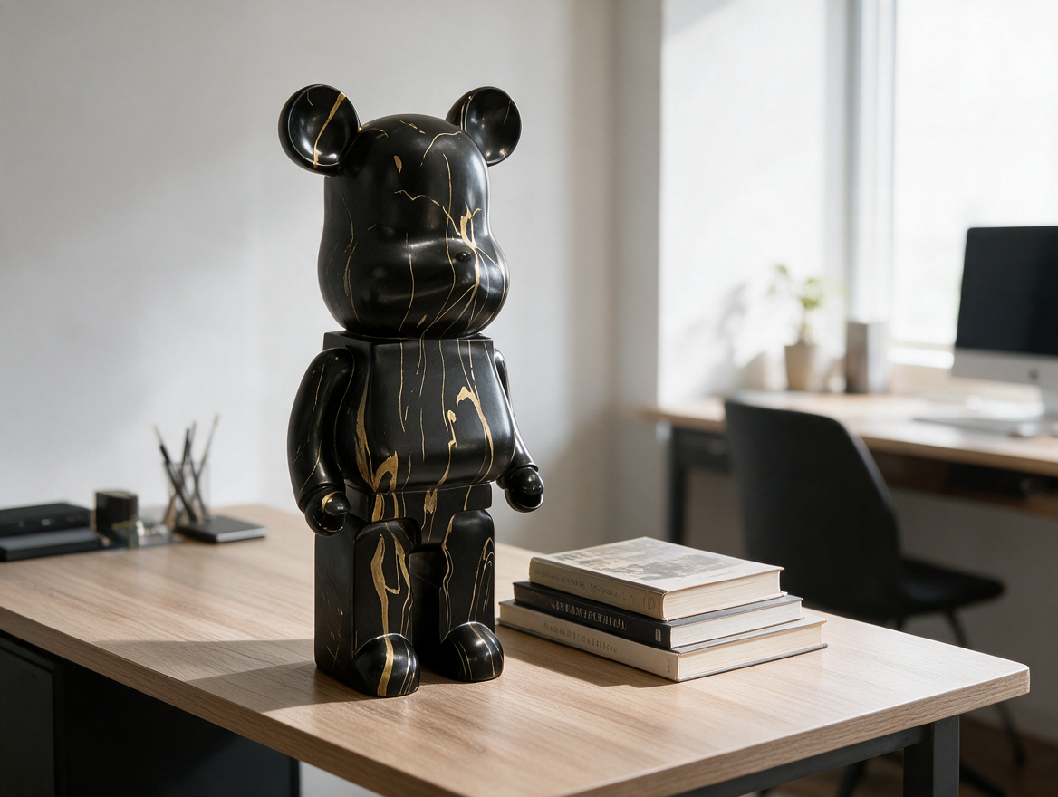 Resin bear figurine on a home office desk beside books