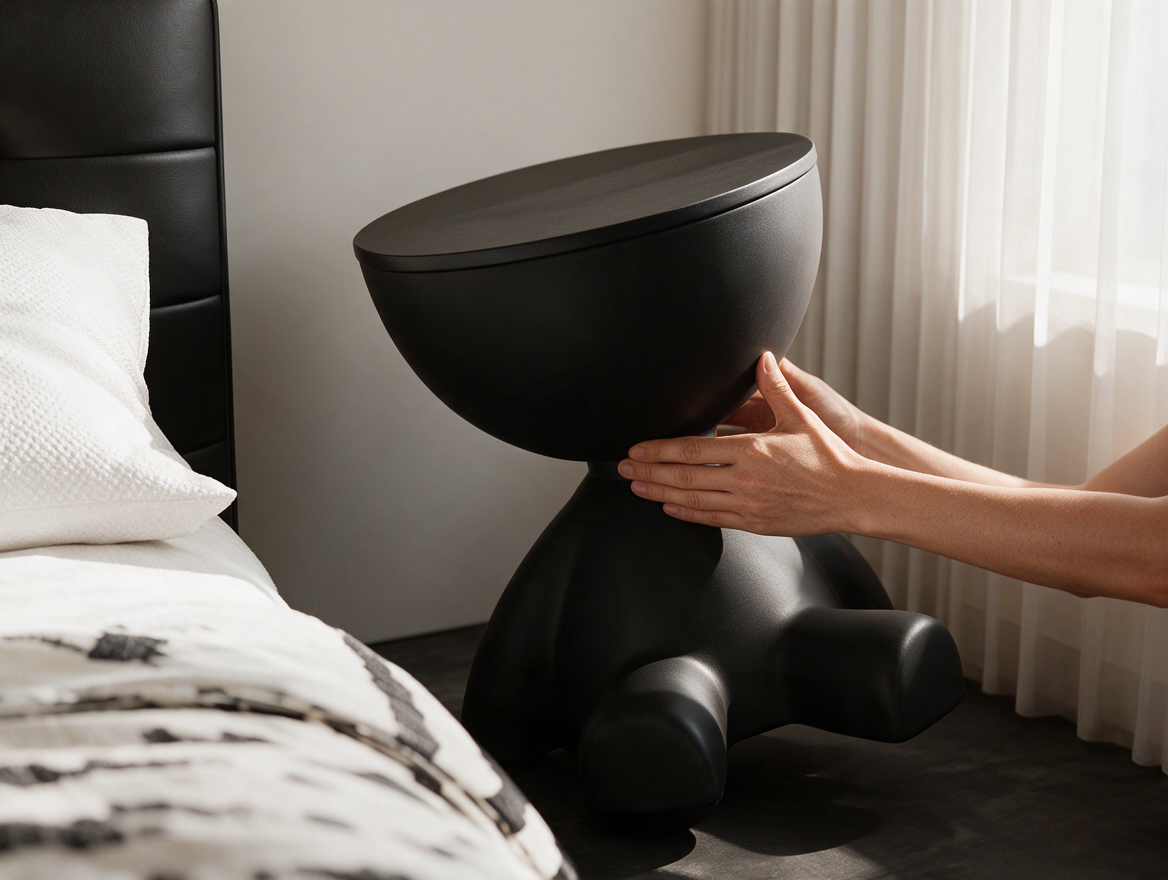 Bear-shaped side table being moved in a bedroom