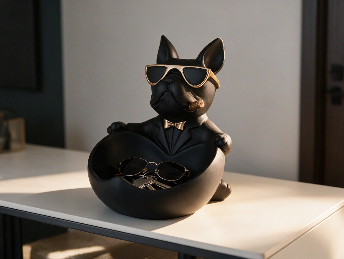 Bulldog statue holding sunglasses and keys on a table tray