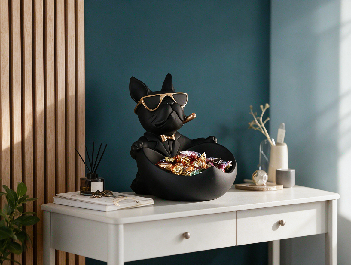 Bulldog storage statue on an entryway console table