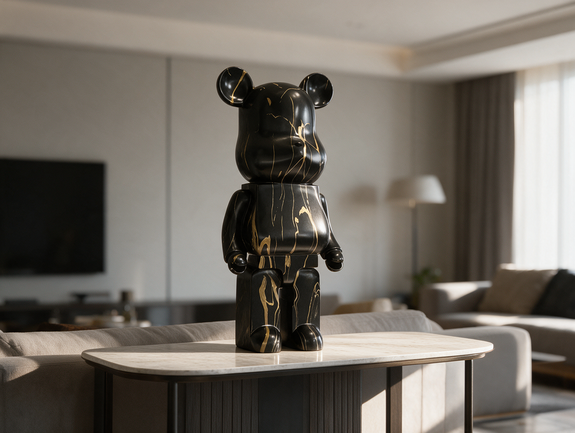 Resin bear statue displayed on a living room console table