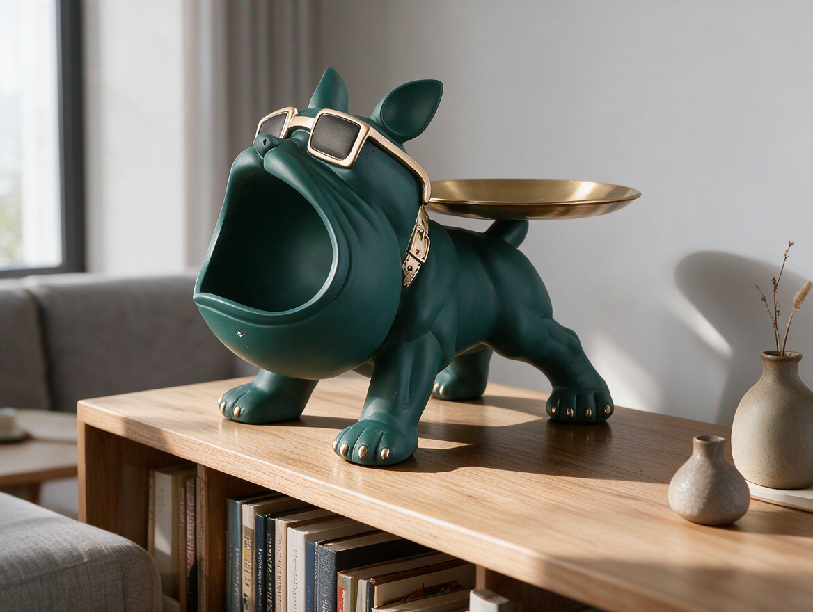 Resin bulldog statue displayed on a living room shelf