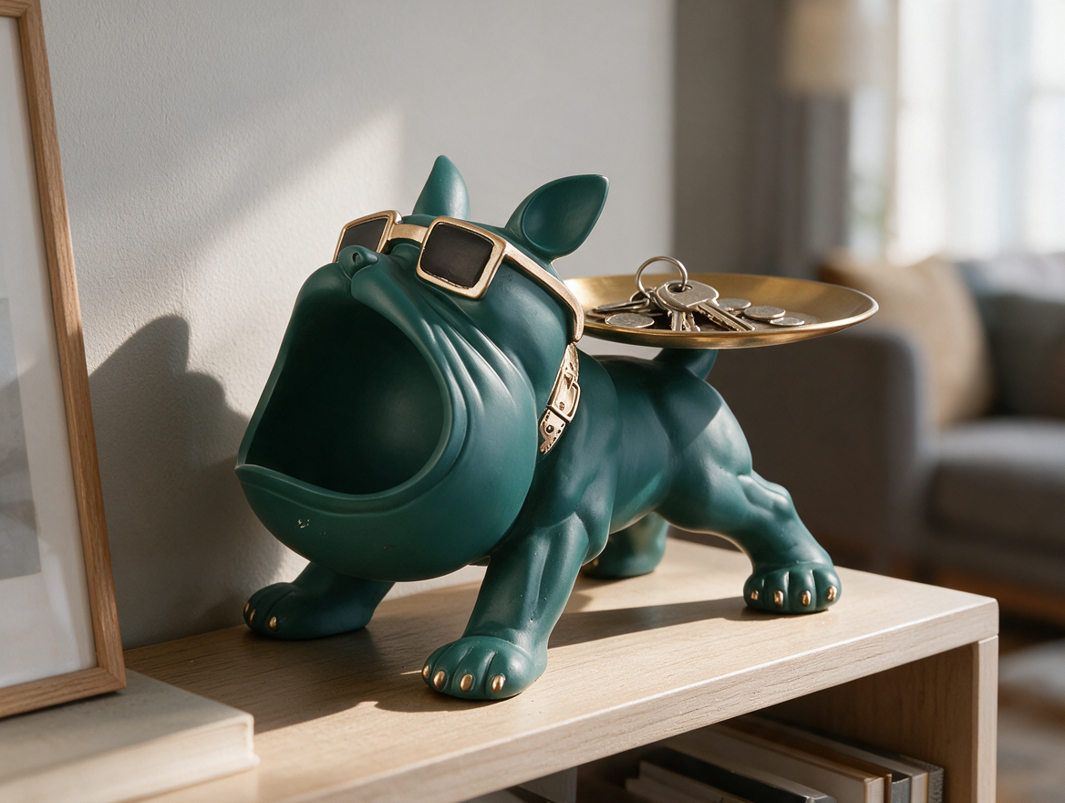 Resin bulldog statue with storage tray holding keys