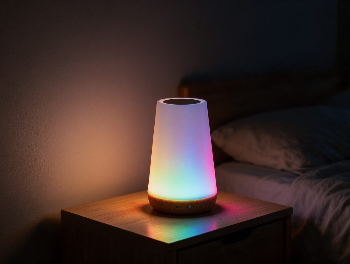 RGB bedside lamp glowing in multiple colors