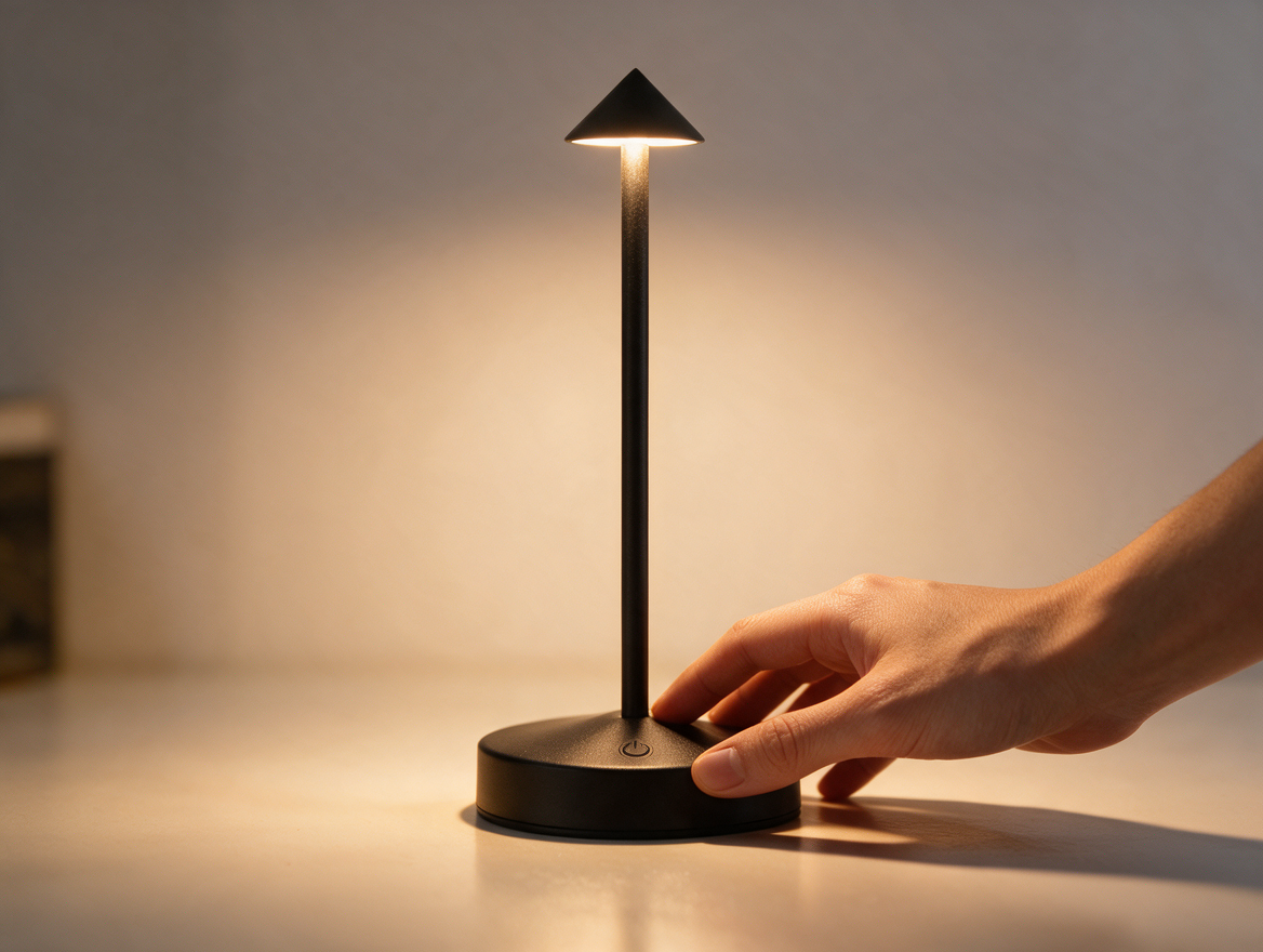 Hand touching table lamp to adjust brightness