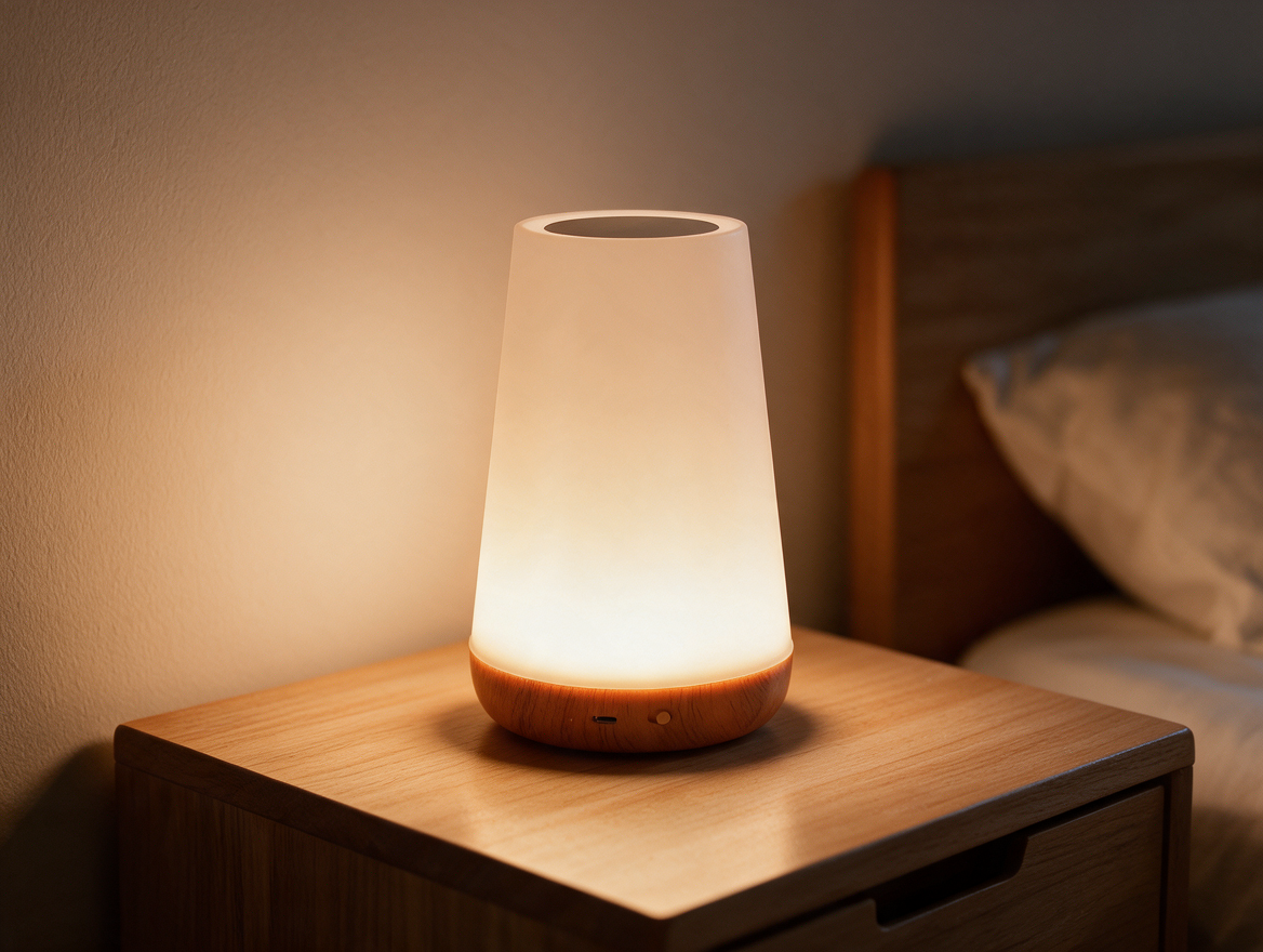 Cordless RGB lamp on a bedside table
