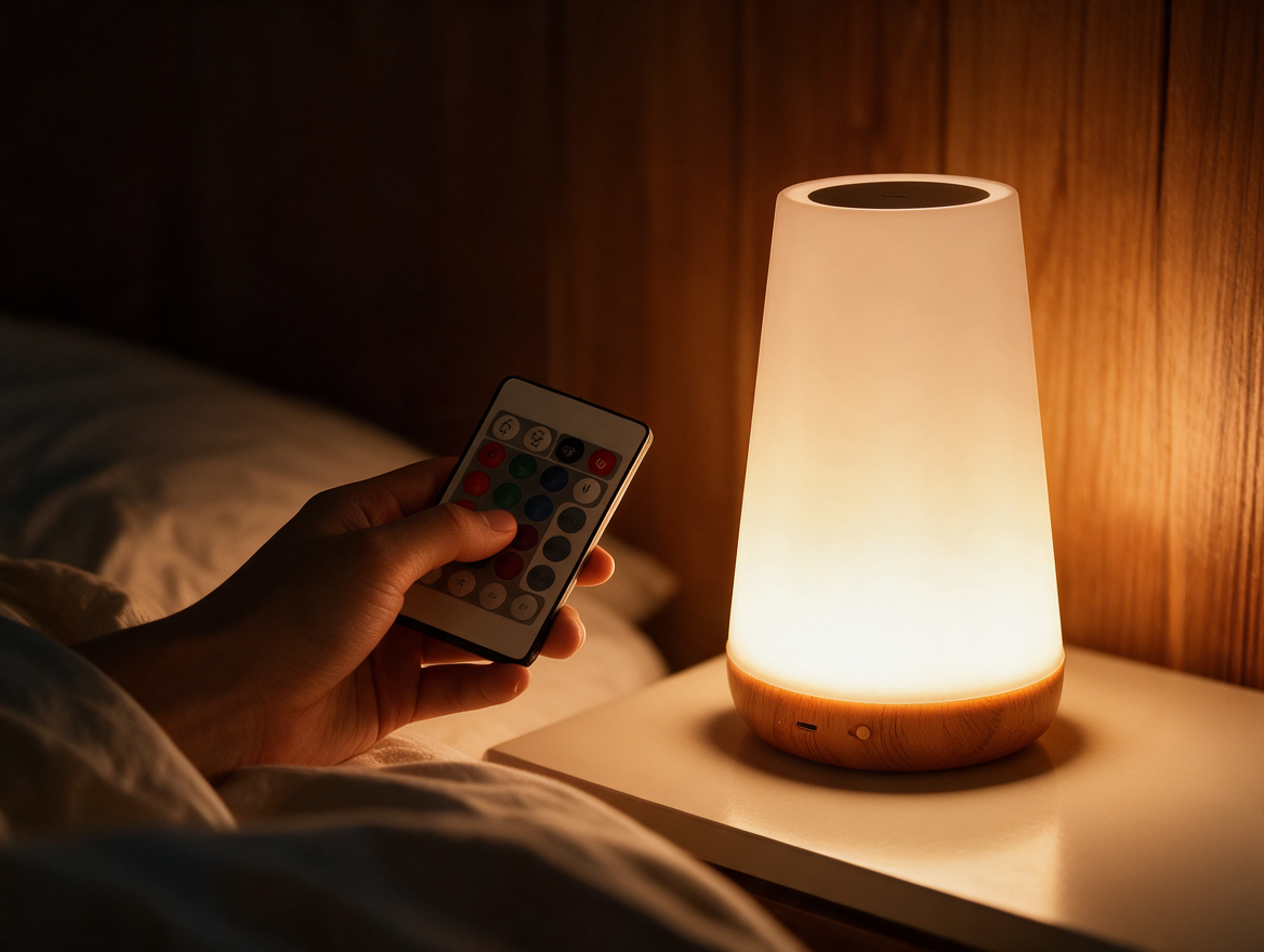 Hand using remote control for a bedside RGB lamp