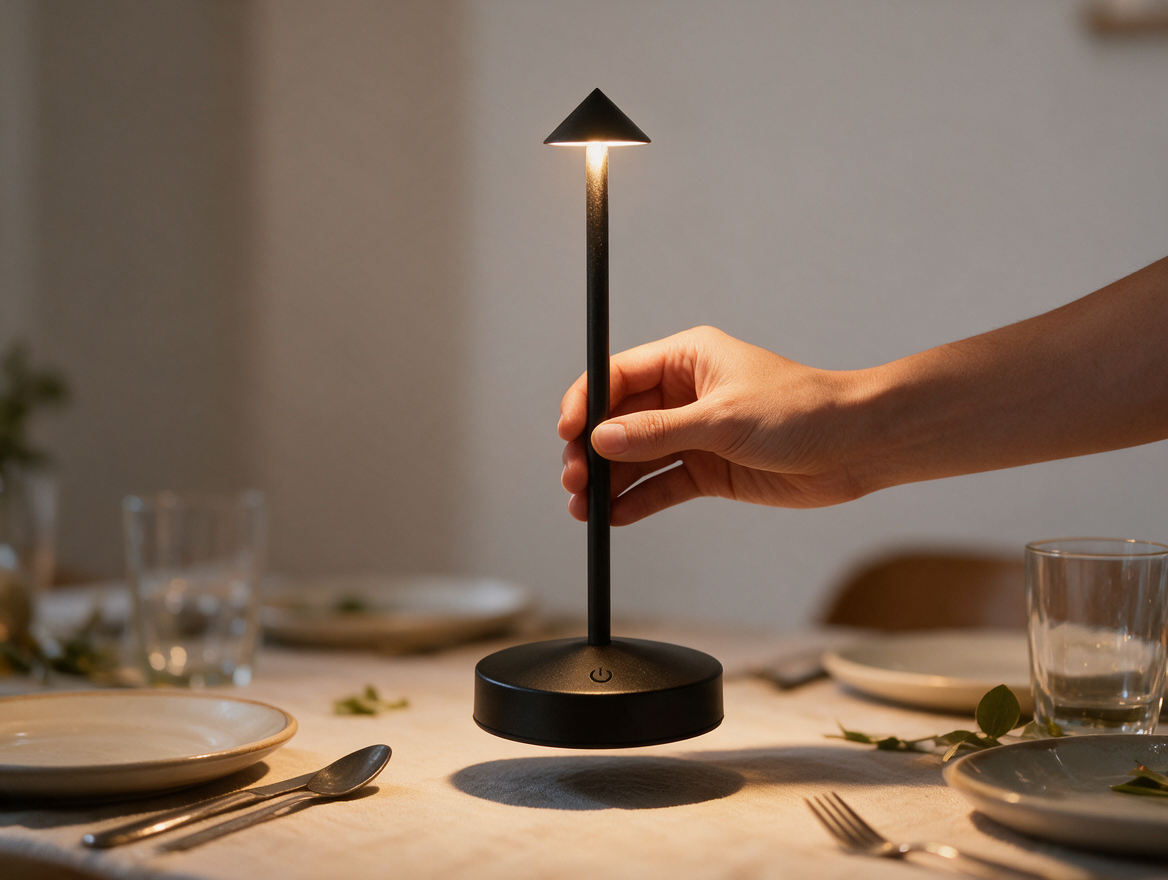 Rechargeable table lamp being carried to a dining table