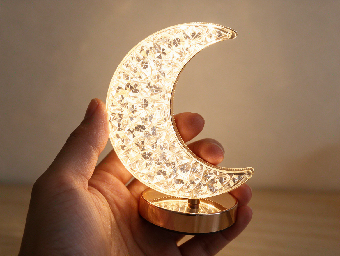 Crystal moon lamp held in one hand showing compact size