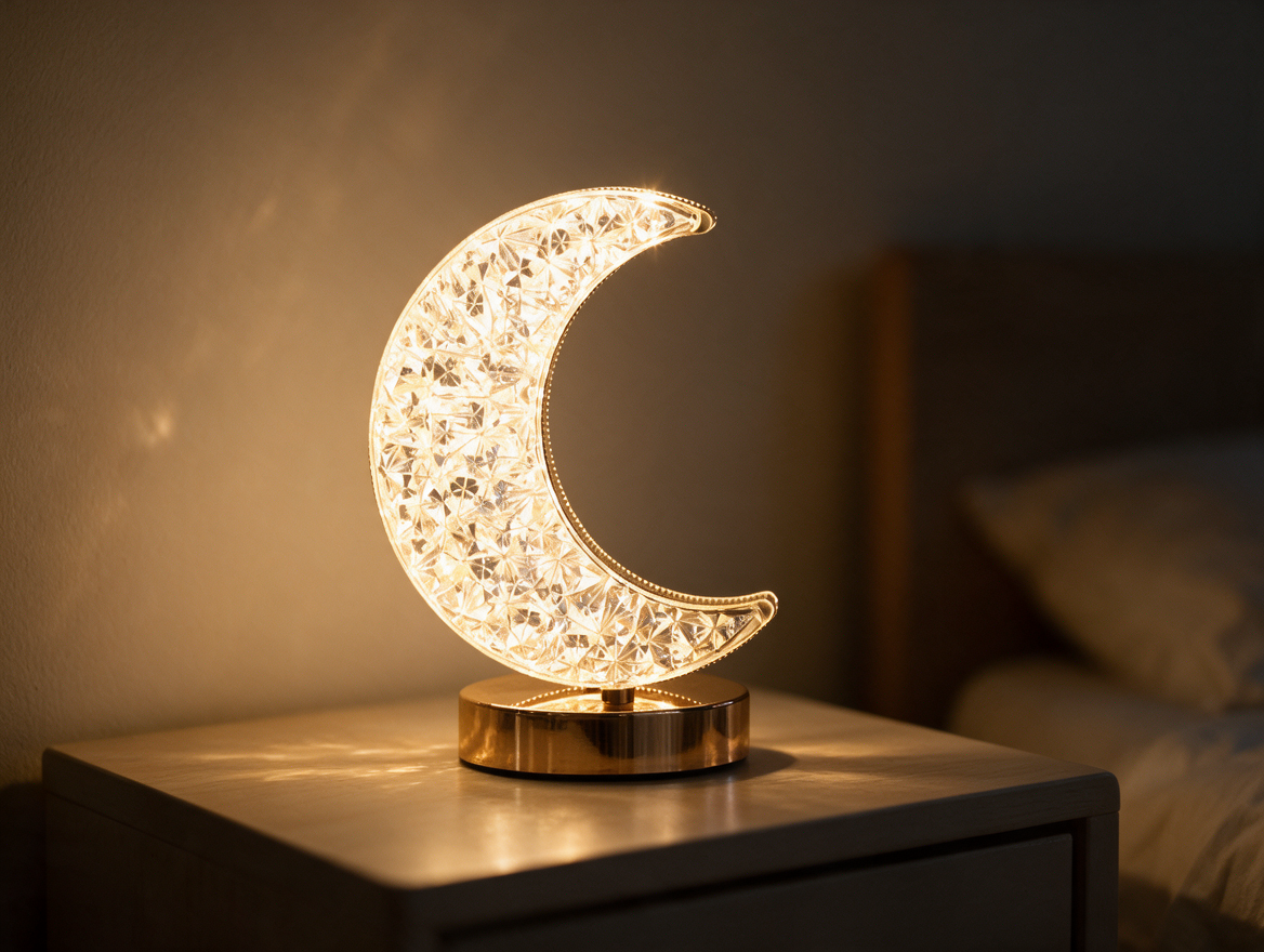 Crystal moon lamp glowing on a nightstand, no cord visible
