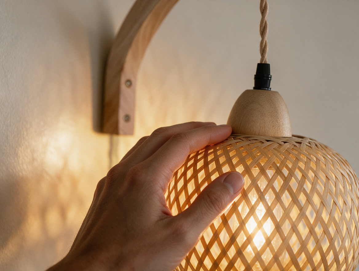 Close-up of handwoven bamboo wall sconce texture