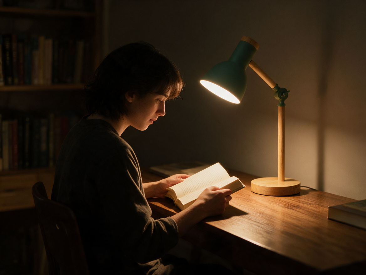 Person reading under a wooden desk lamp at night