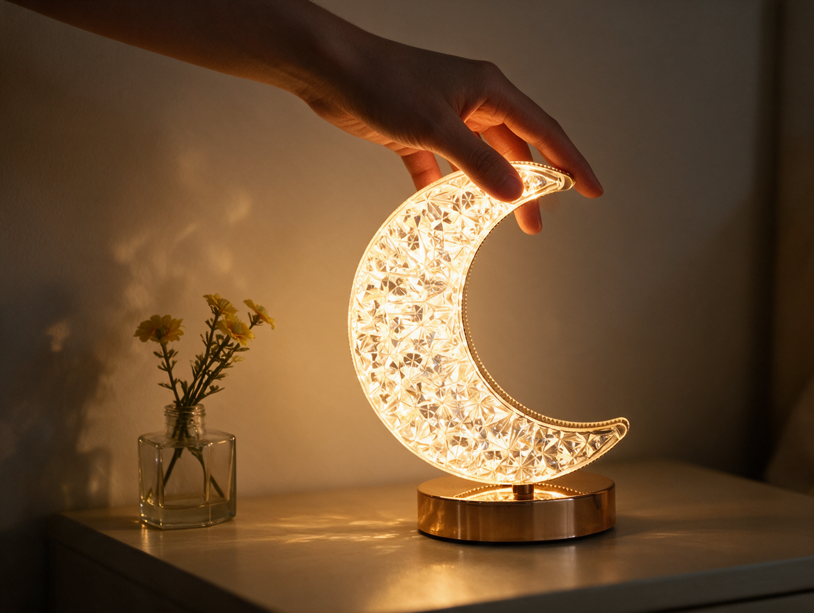 Hand touching crystal moon lamp to dim the light