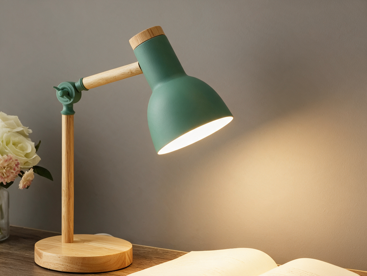 Adjustable wooden desk lamp aimed at a notebook