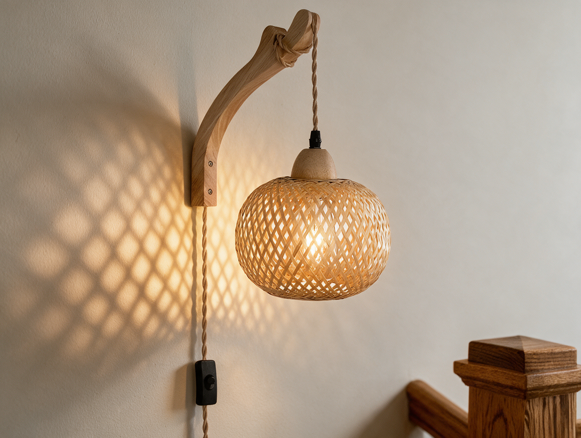 Bamboo wall sconce casting dappled light pattern