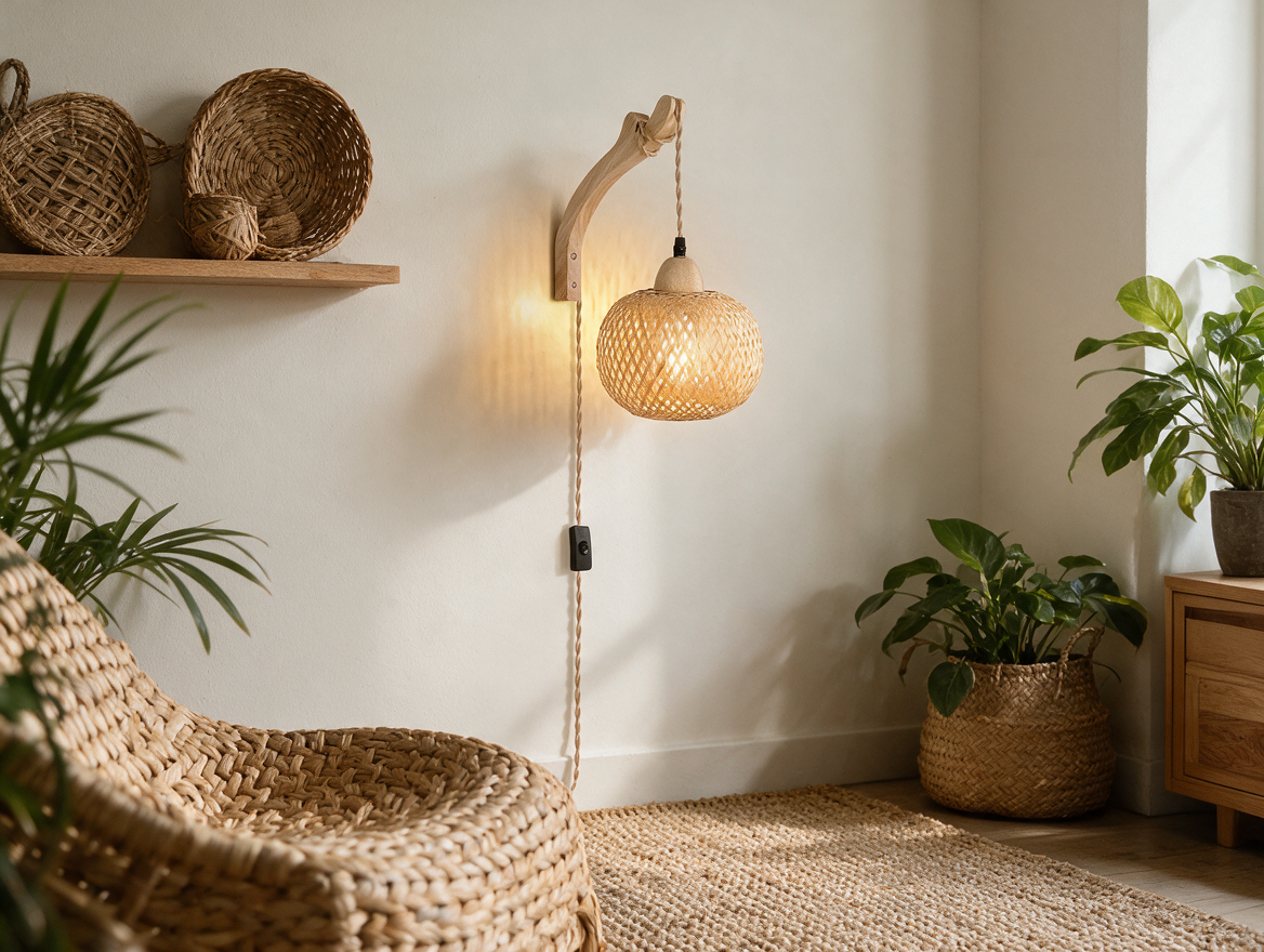 Bamboo wall sconce mounted in a boho-style living room