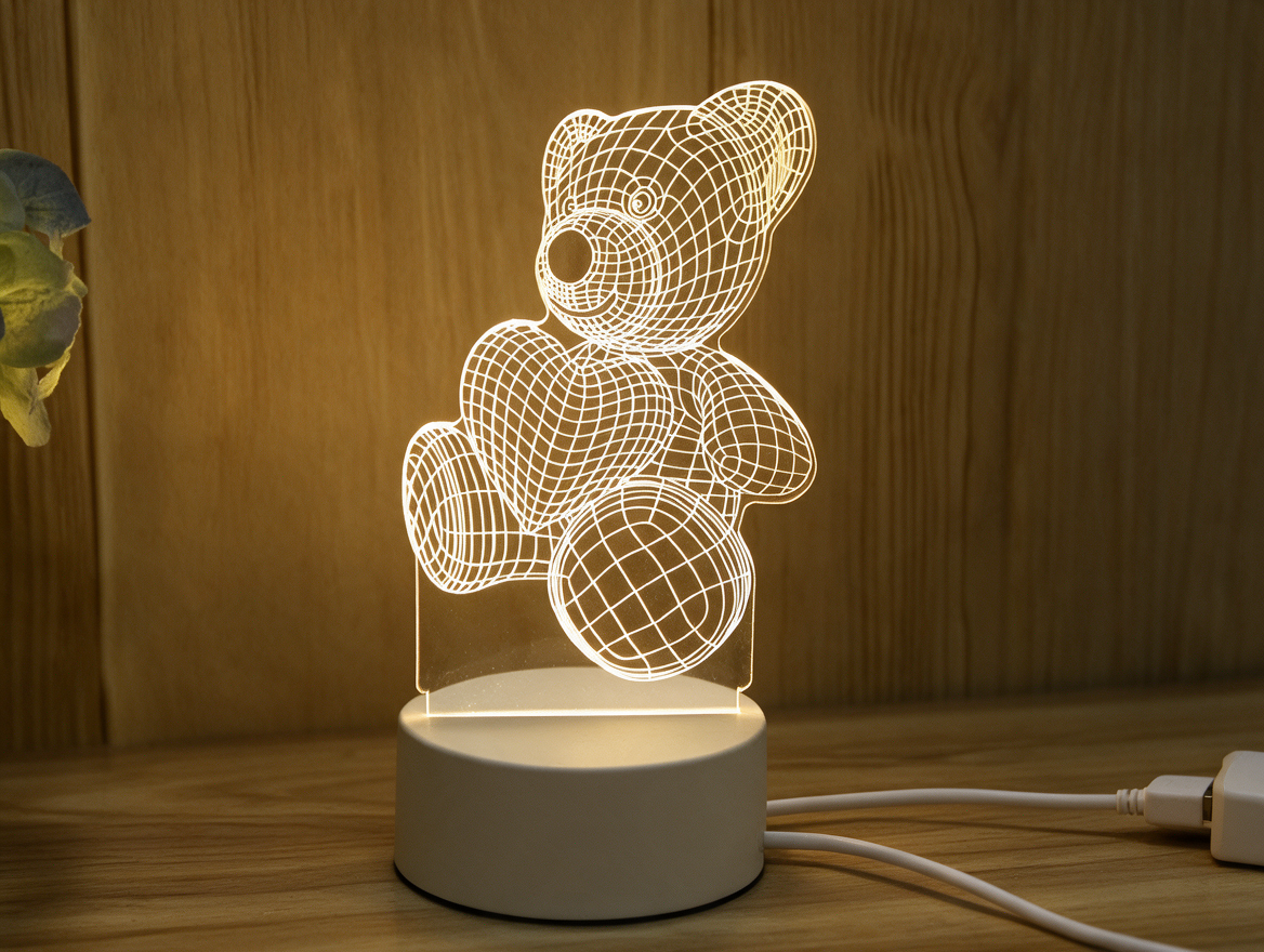 USB cable connected to acrylic bear night light