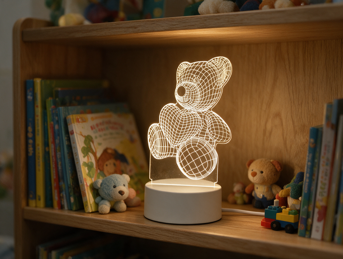 Acrylic bear night light on a child's bookshelf