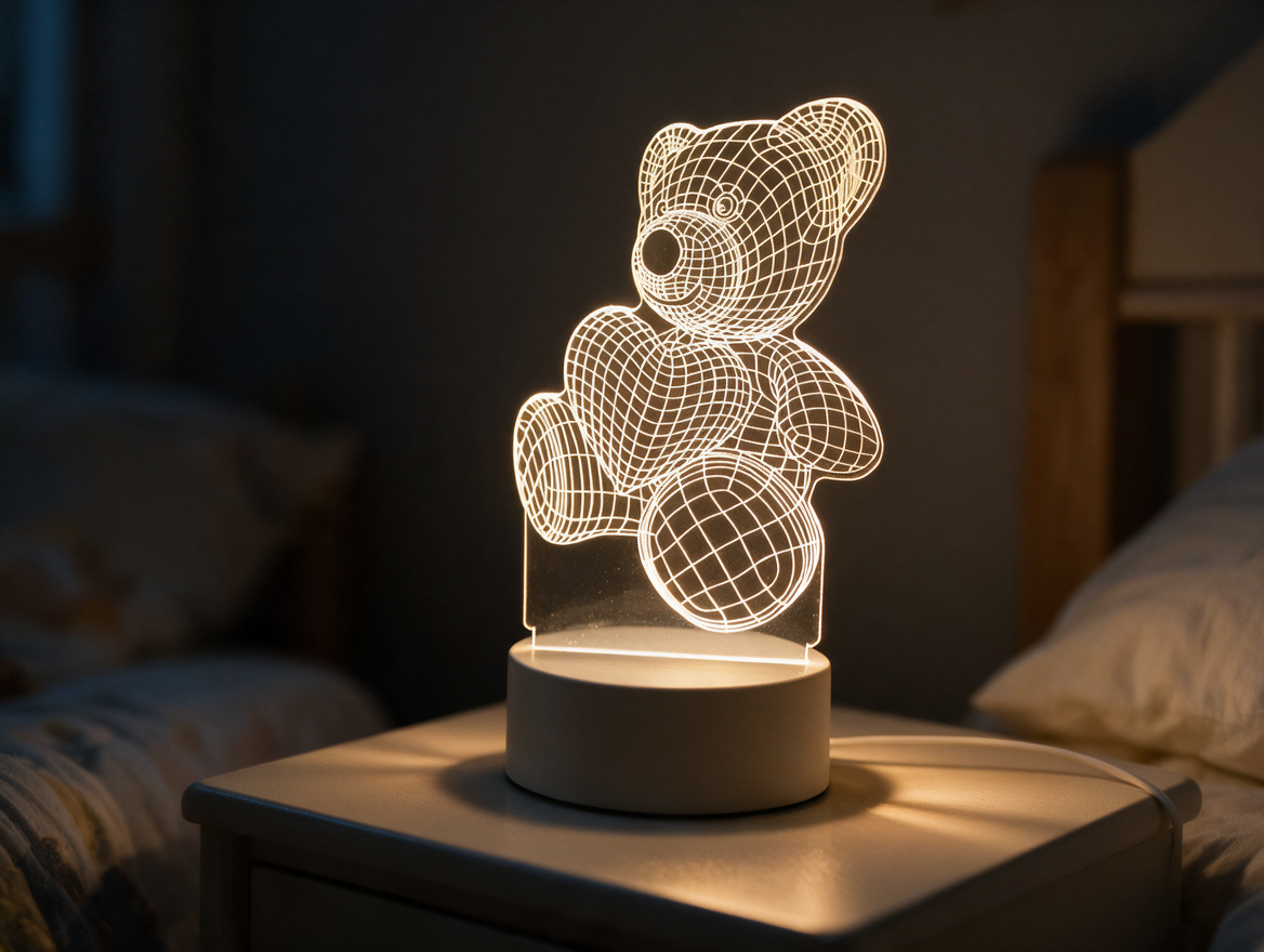 3D acrylic bear night light glowing on a nightstand