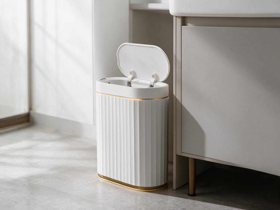 Slim trash can fitted beside a bathroom vanity cabinet