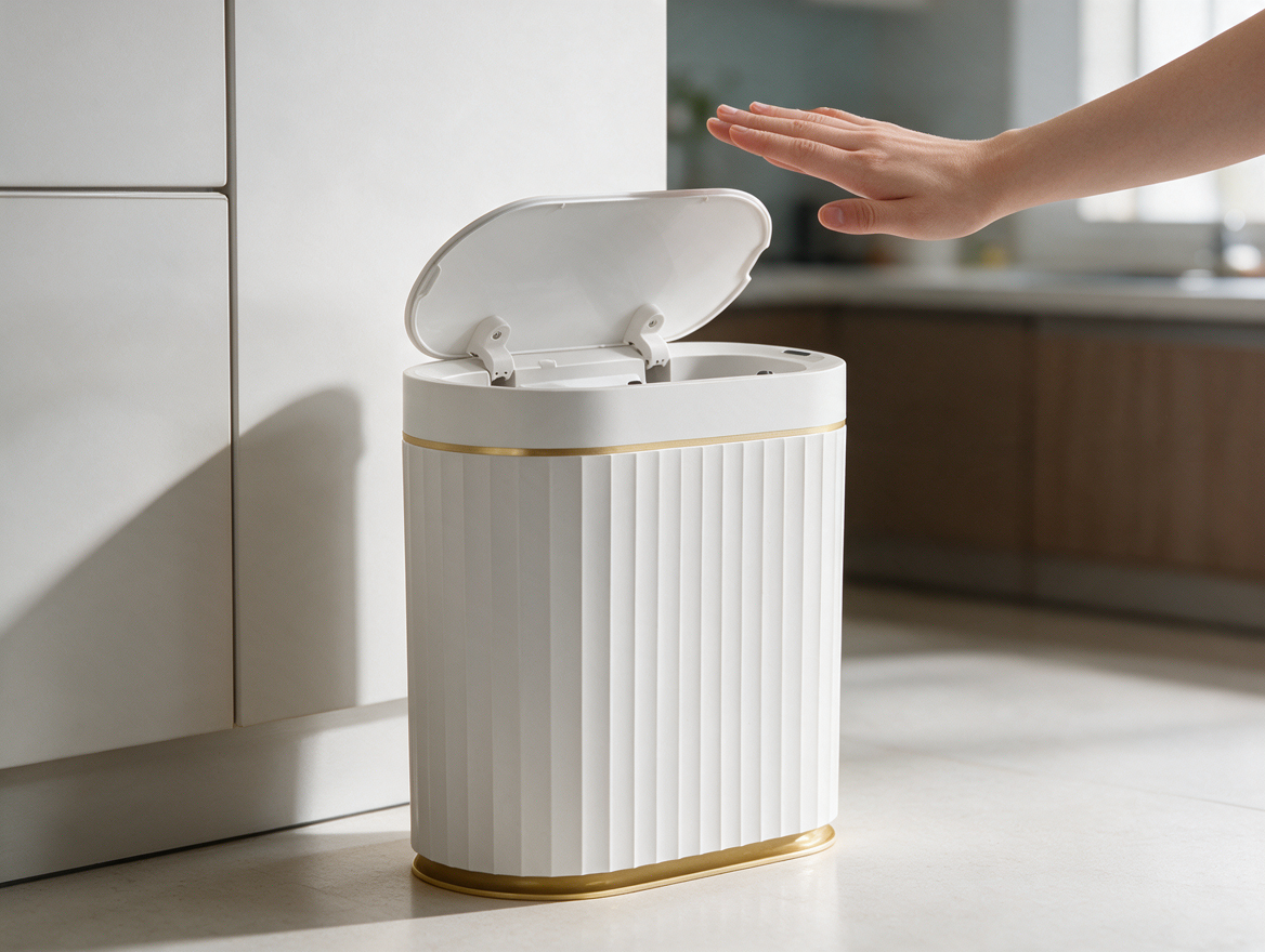Hand waving to open touchless sensor trash can lid in kitchen