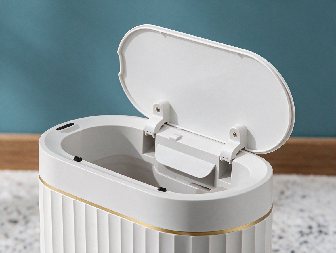 Close-up of touchless trash can sensor and lid mechanism