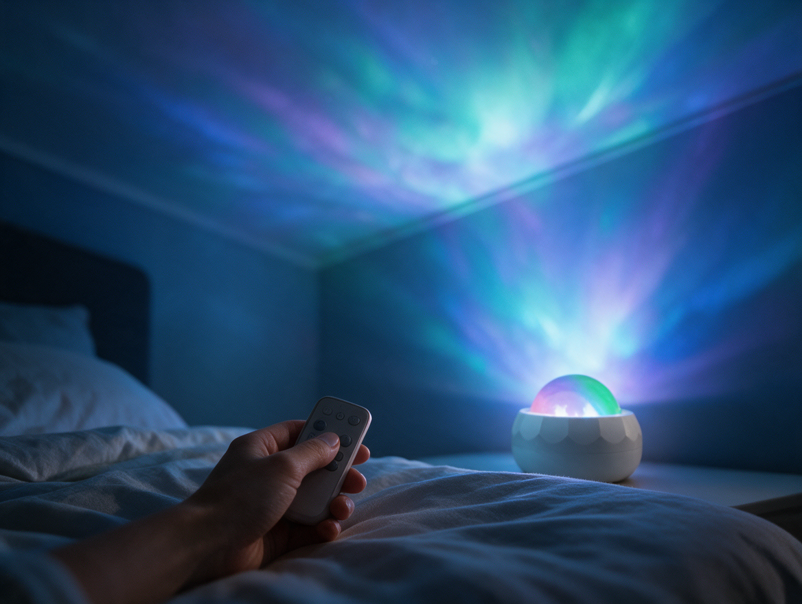 Hand holding remote control for aurora light projector