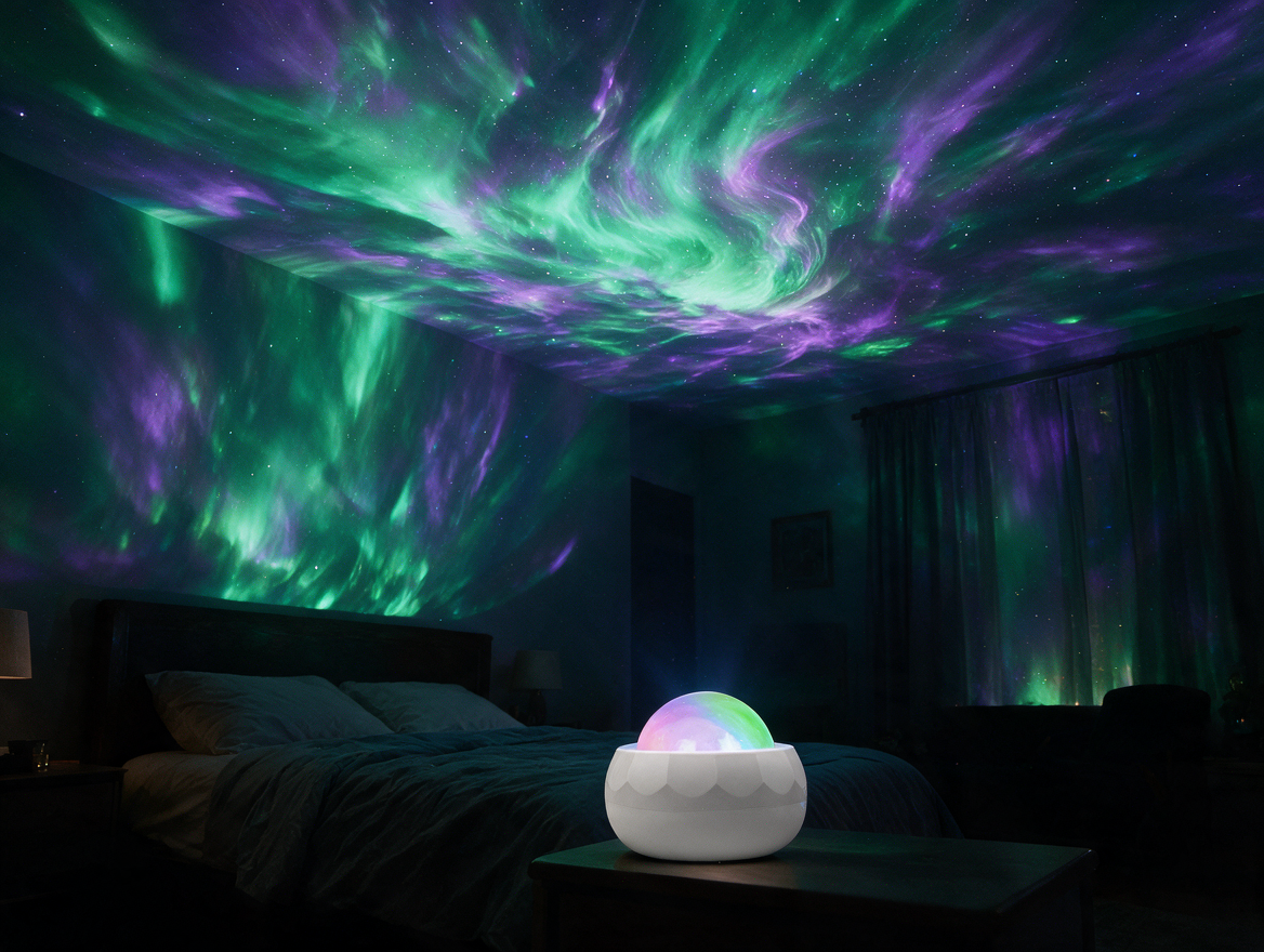 Aurora light projection on a bedroom ceiling