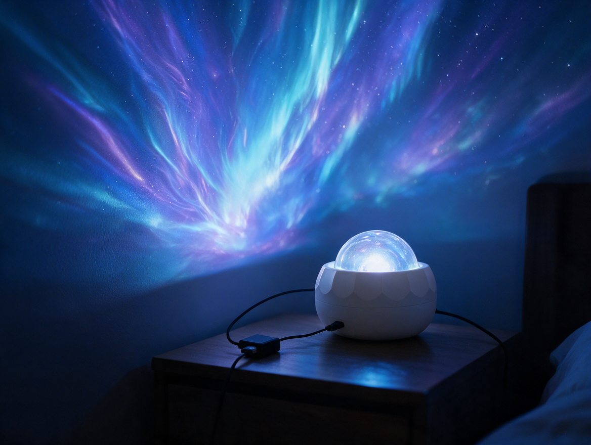 Aurora projector plugged into a USB power source