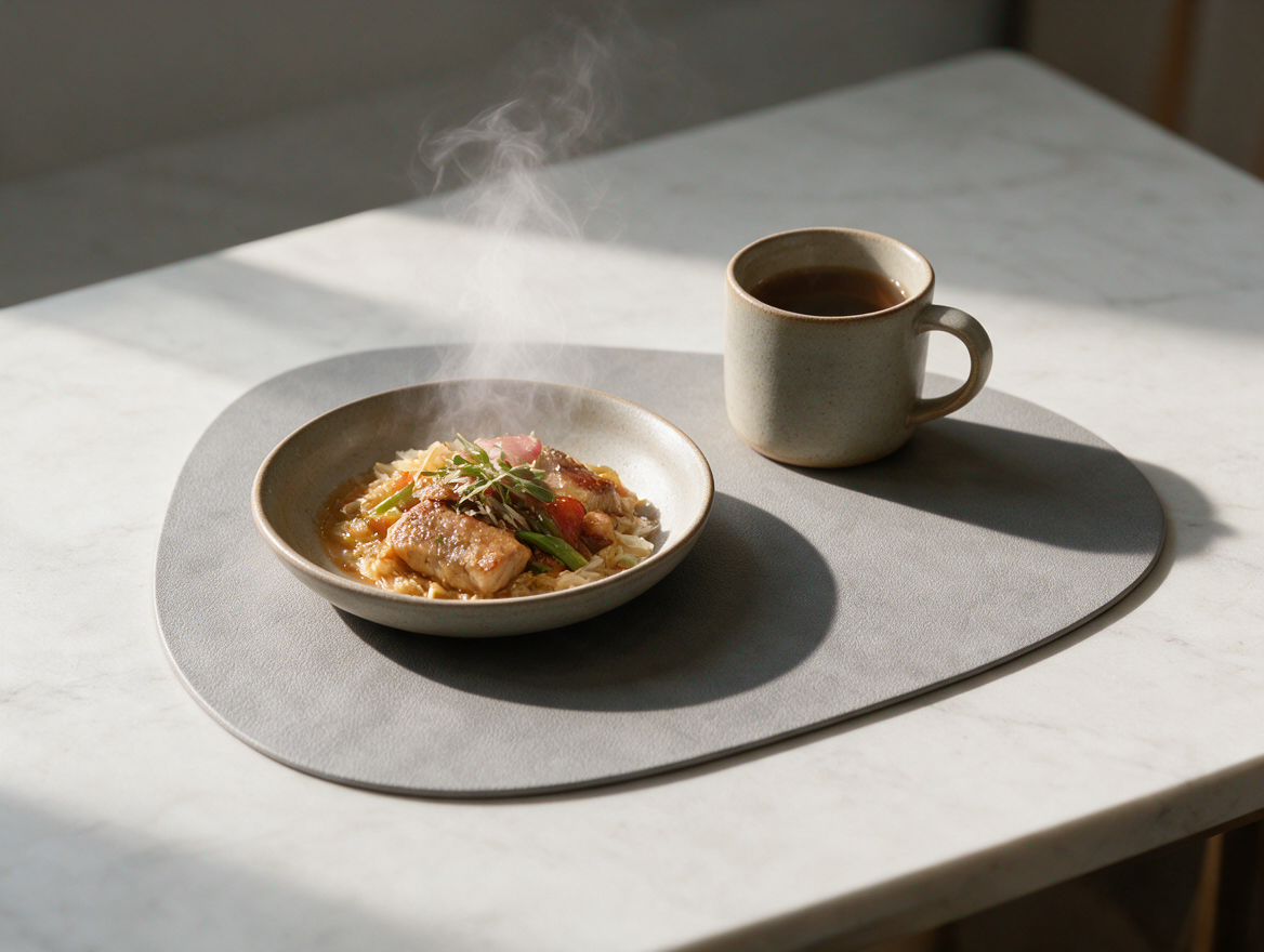 Hot dish placed on insulated placemat