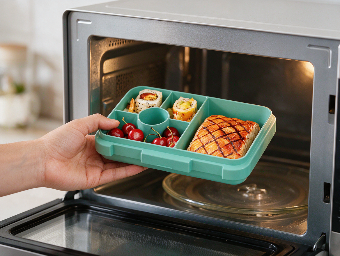 Bento lunch box tray being placed in a microwave