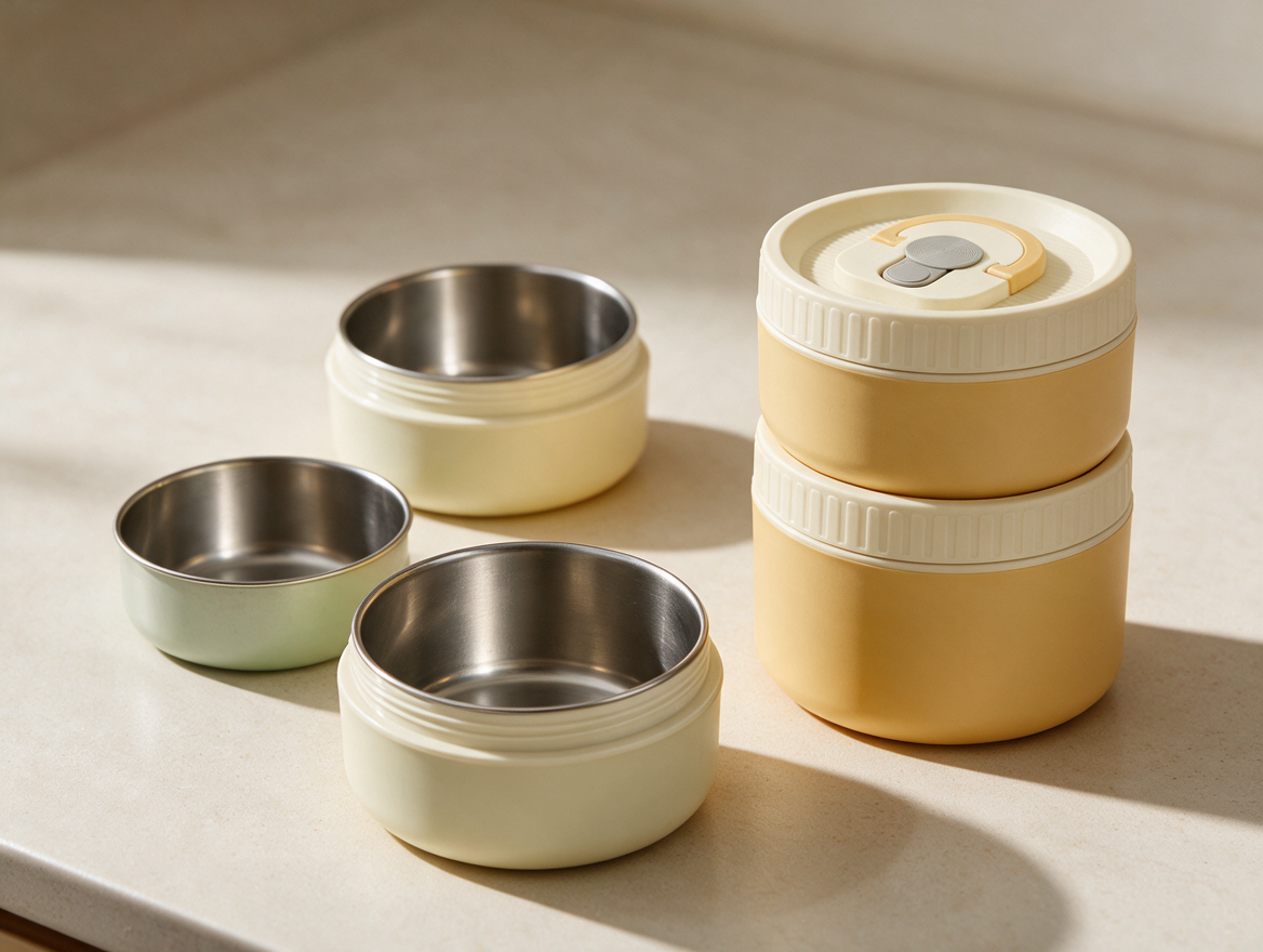 Stacked stainless steel lunch box tiers