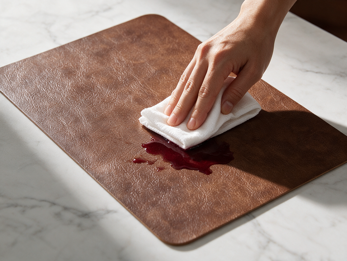 Wiping a spill off a faux leather placemat on dining table