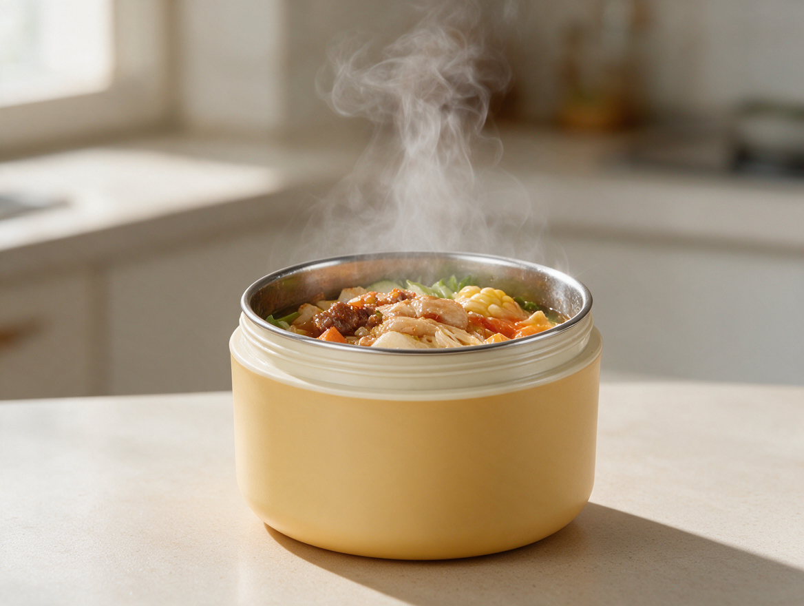 Stainless steel lunch box with steam rising from hot food