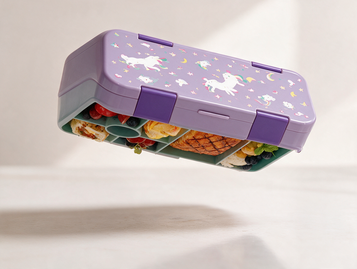 Leak-proof kids bento box packed with food, lid sealed