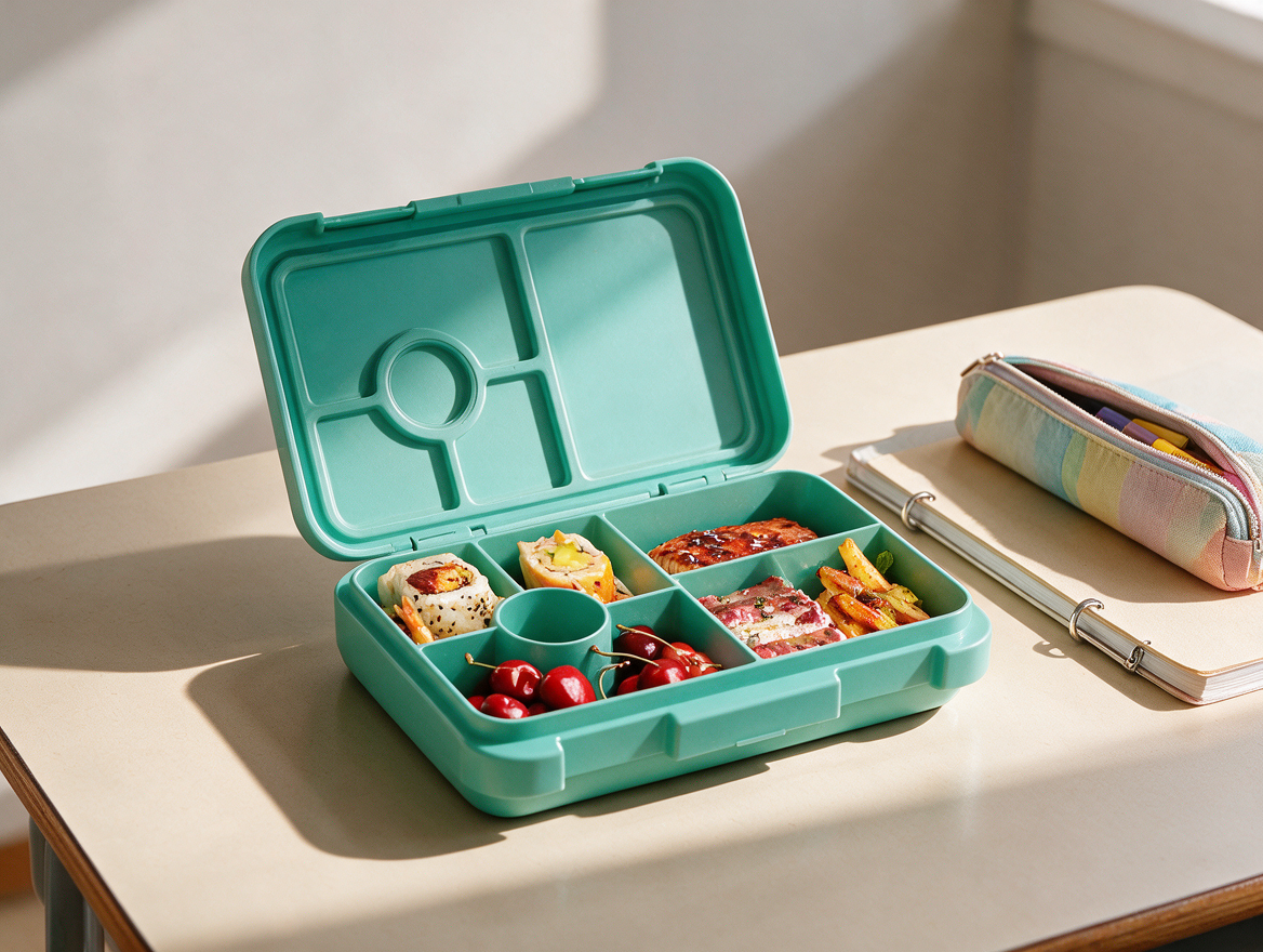 Child opening a colorful bento lunch box at school