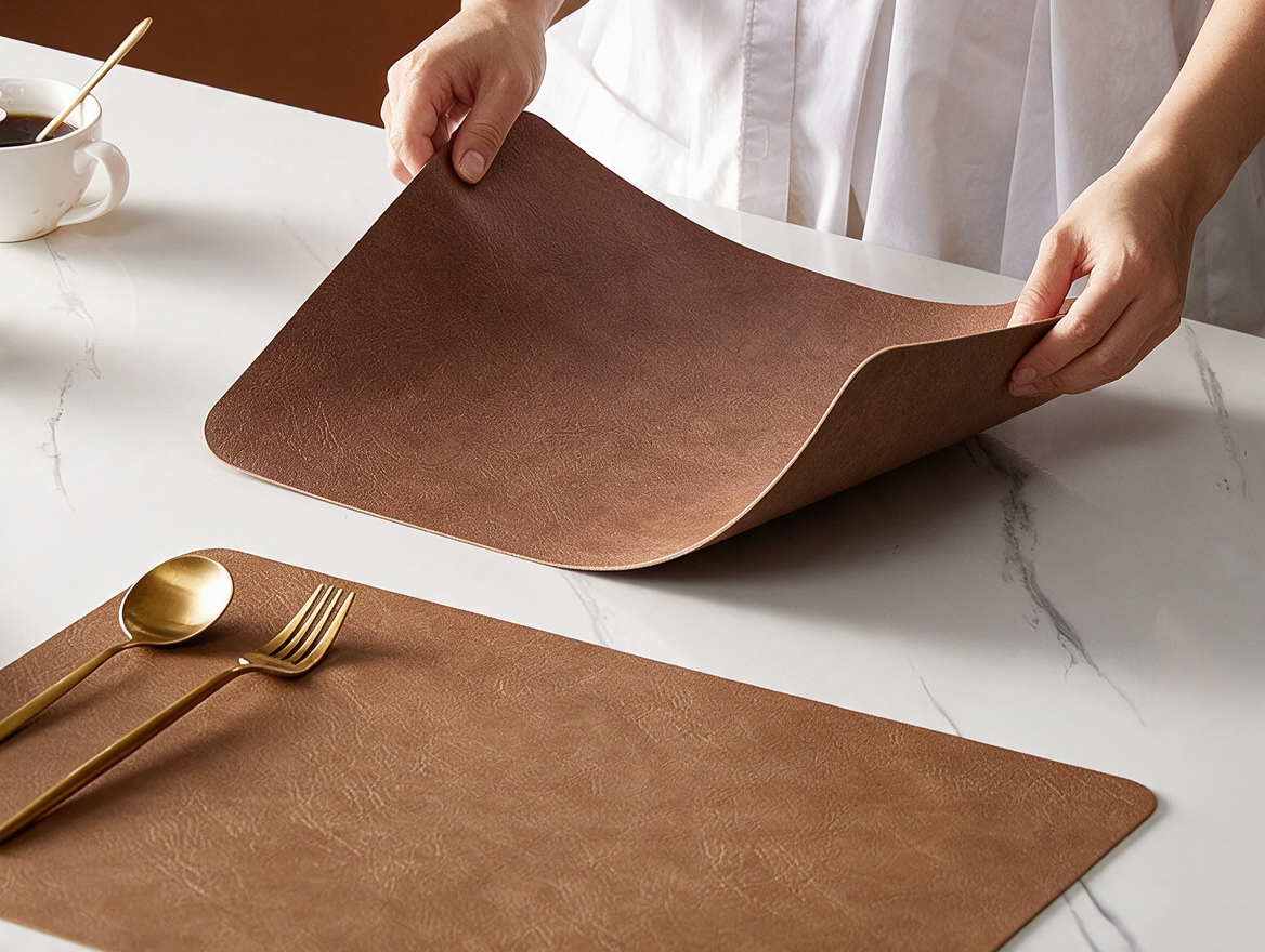 Faux leather placemat flipped to show reverse side finish