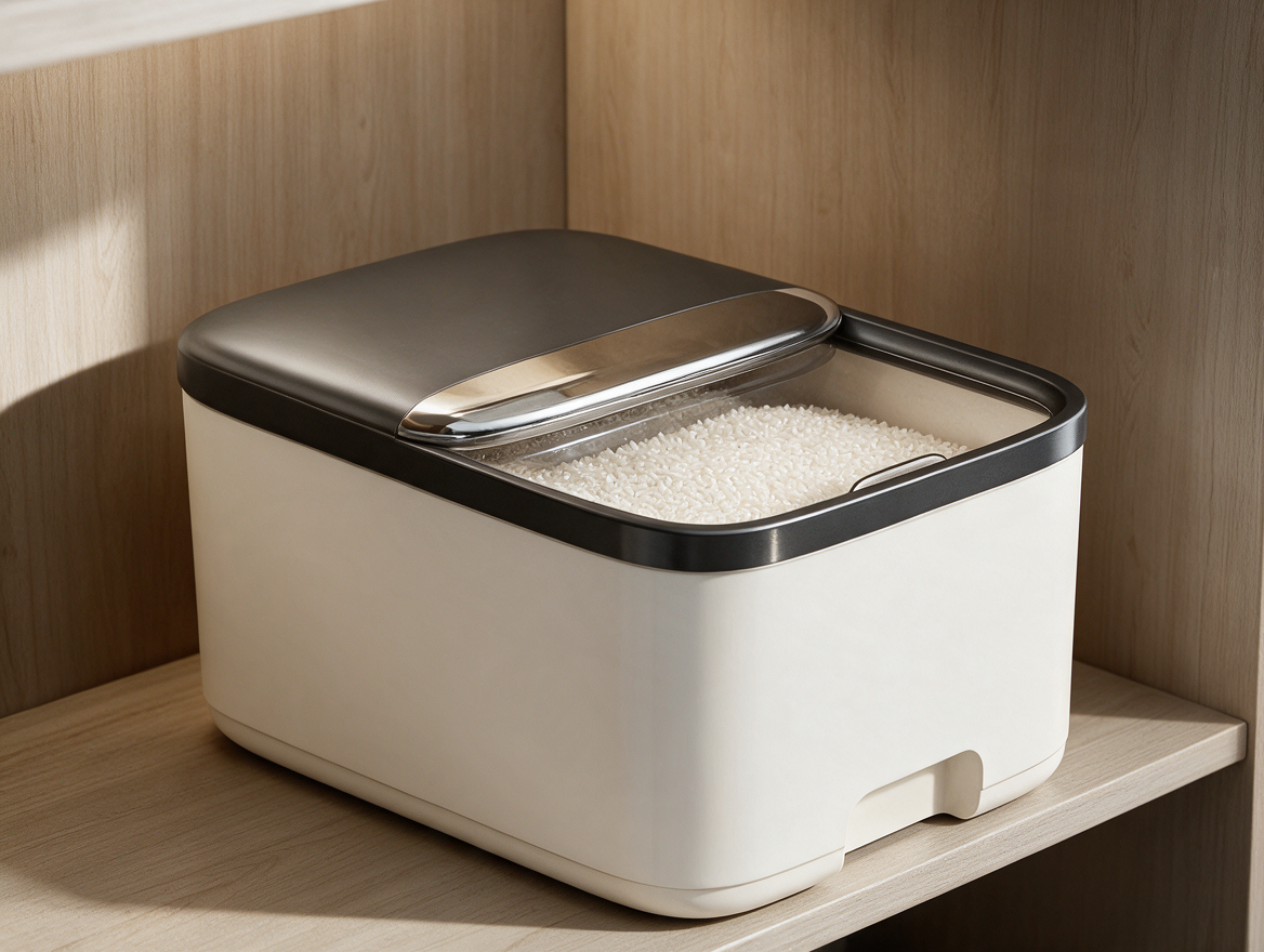 Sealed rice storage container with lid on pantry shelf