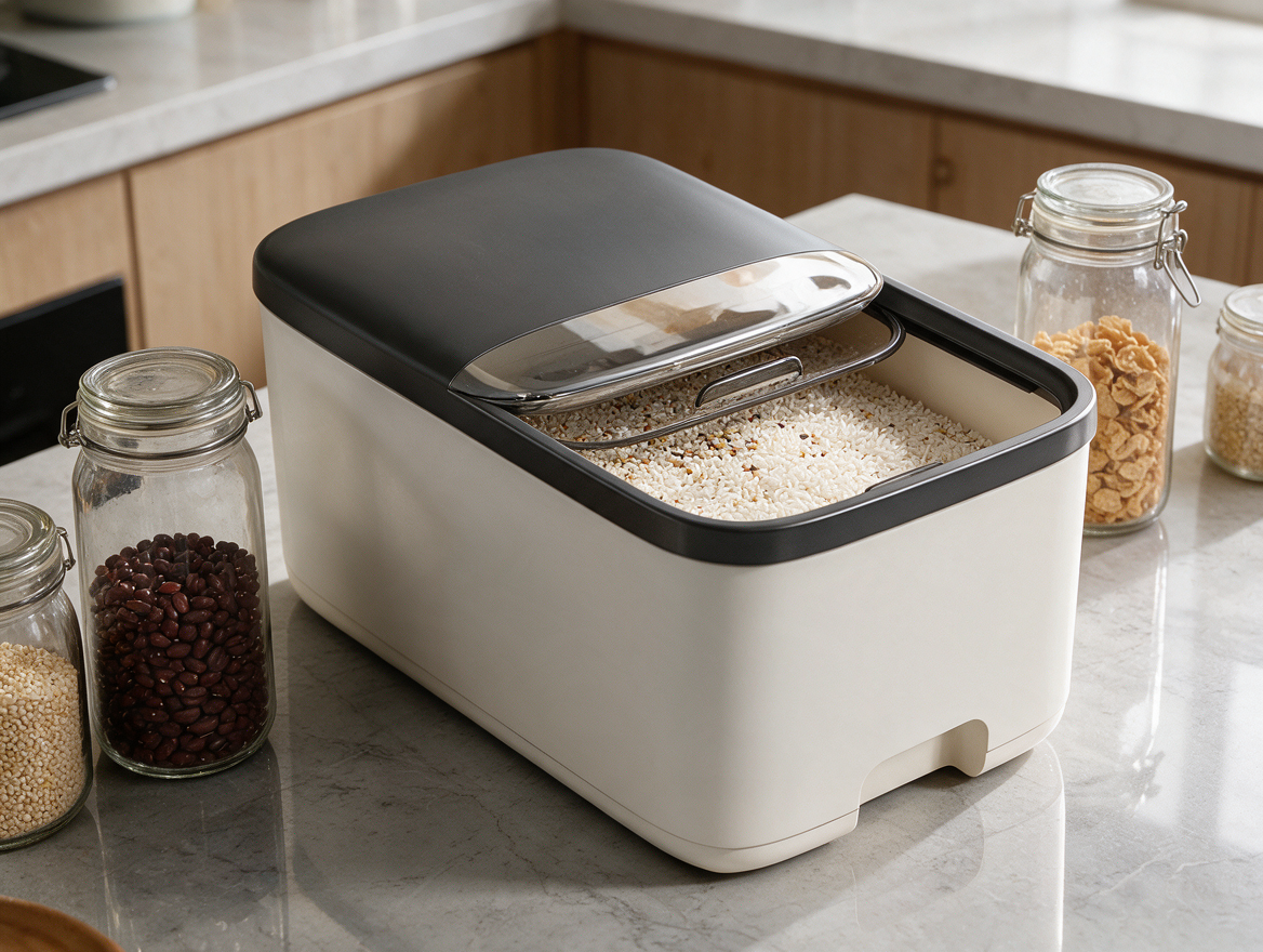 Rice storage container filled with grains next to other pantry jars