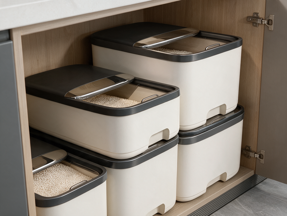 Stacked rice storage containers inside a kitchen cabinet