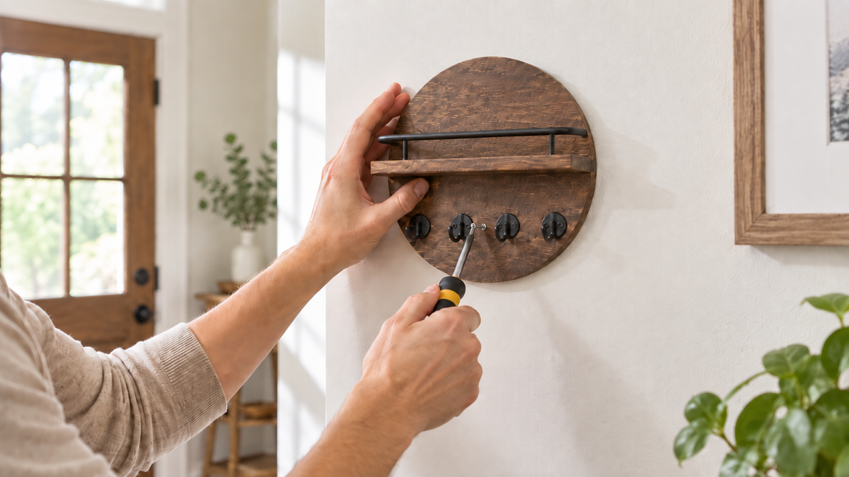 Circular wood key holder shown fully assembled as a single piece before wall mounting.