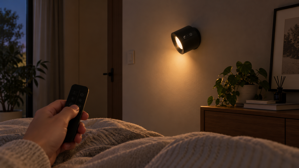 A hand holding the remote control for the wall sconce from across a bedroom.