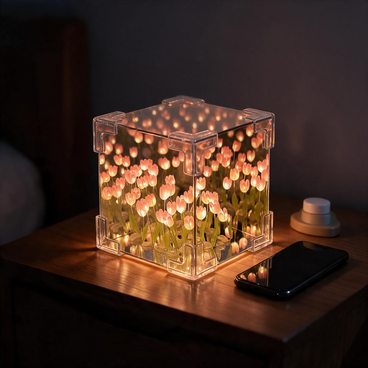 The tulip mirror cube shown reflecting like a mirror with its LED switched off.