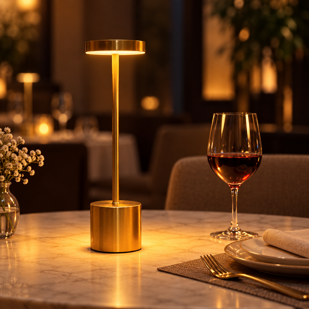 Gold cordless rechargeable table lamp on an elegant dining table