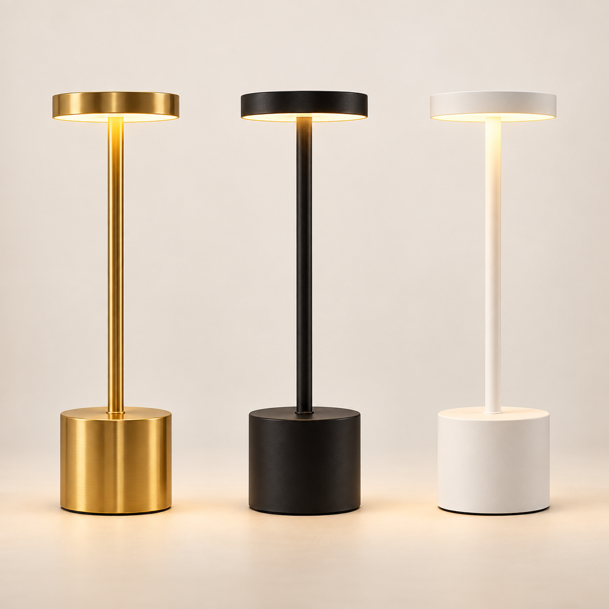 Minimalist rechargeable table lamp in gold, black, and white finishes