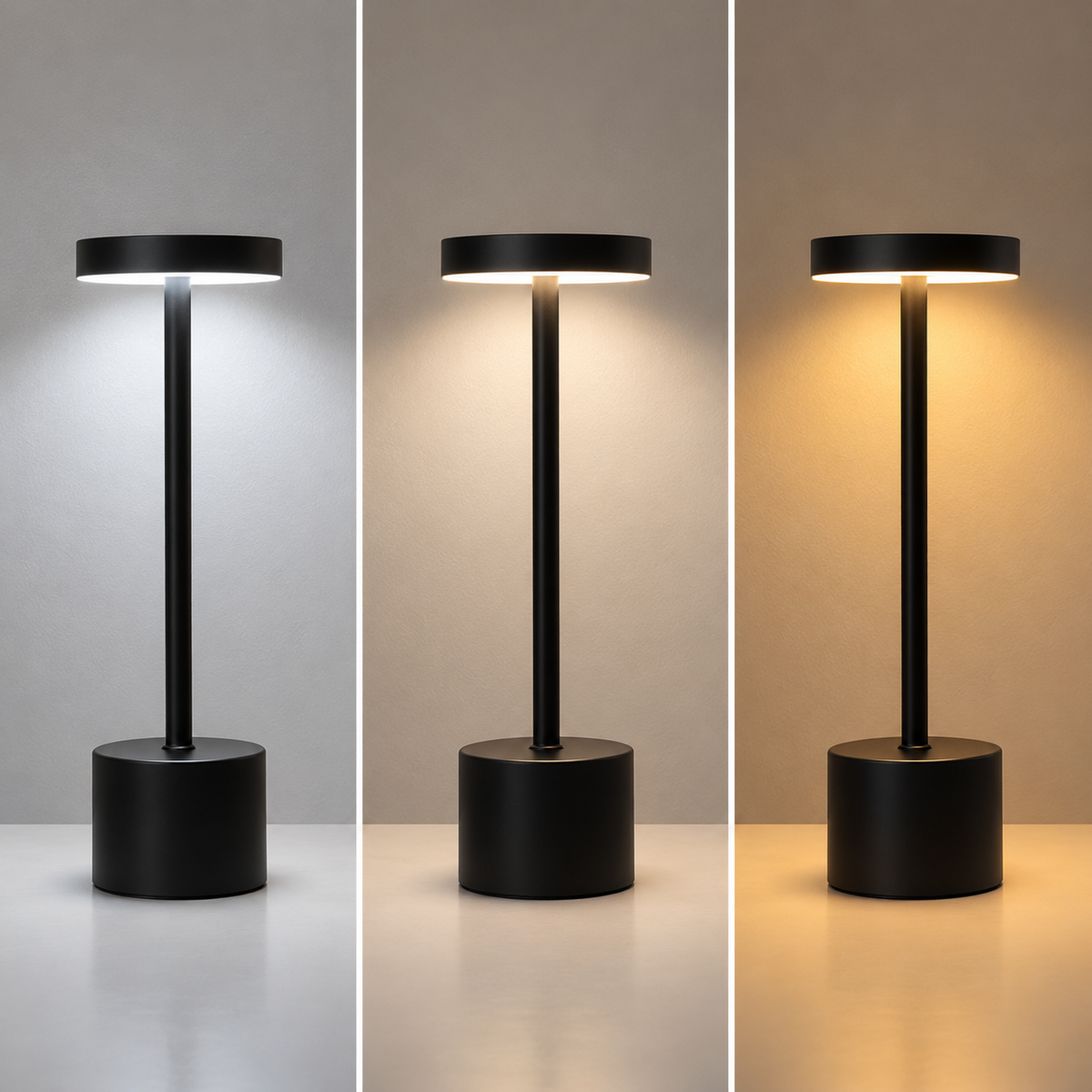 Black table lamp displaying white, neutral, and warm light modes