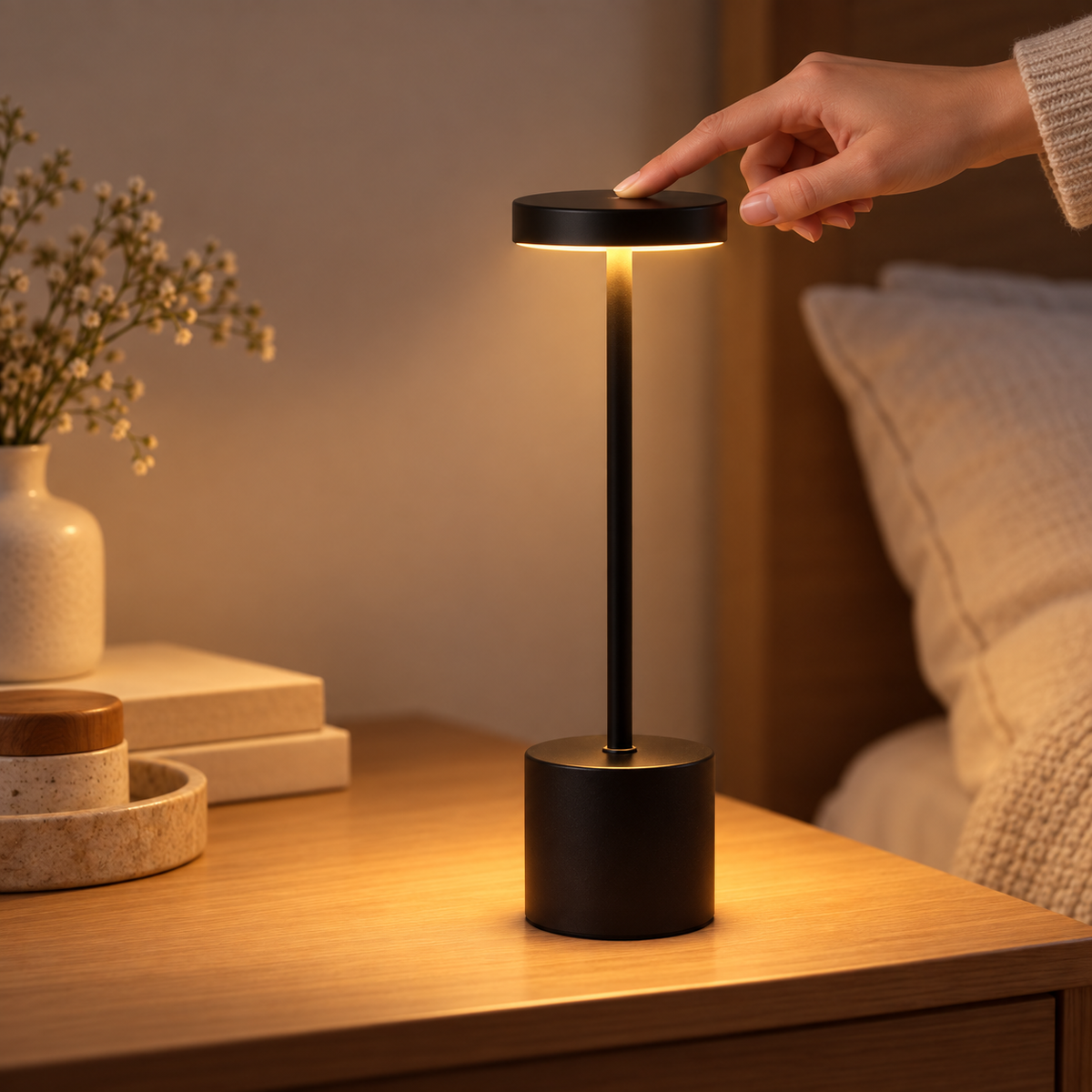 Hand using touch control on a black rechargeable bedside table lamp