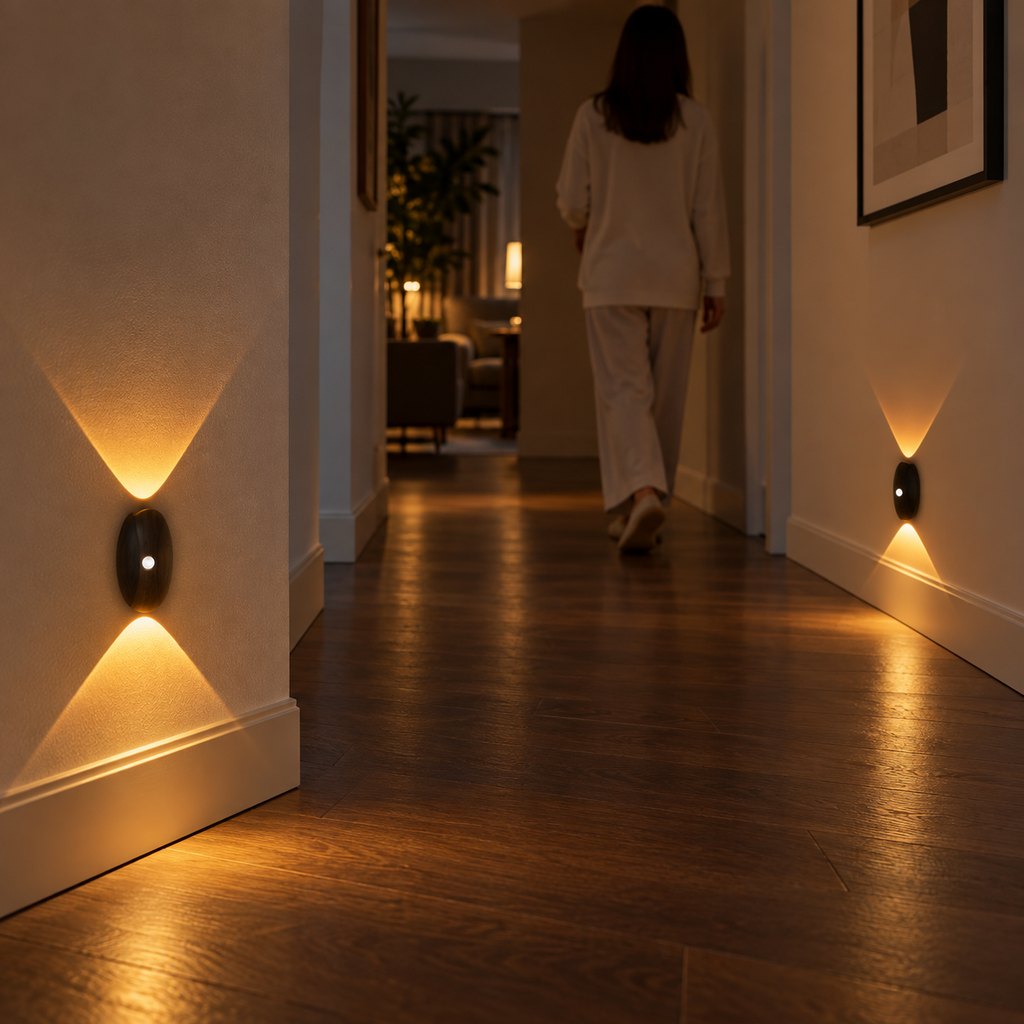 Black motion sensor wall lights illuminating a residential corridor